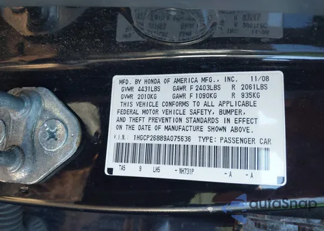 2009 Honda Accord 2.4 Ex-L из США, поврежденный, VIN 1HGCP26889A075636